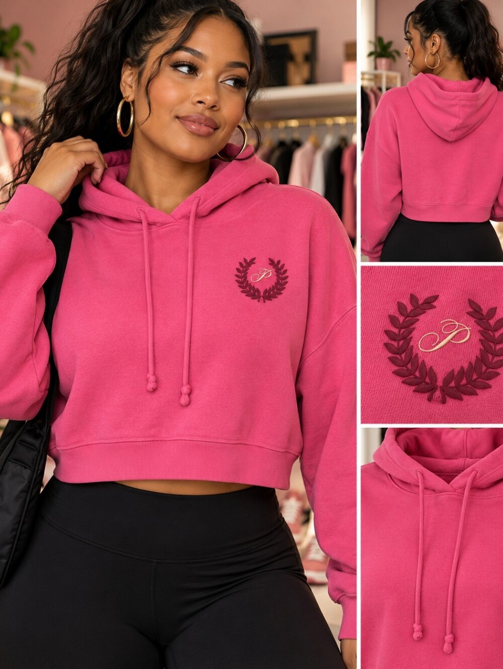 PINK Cropped Hoodie Women’s Size M Hot Pink Logo Pullover
